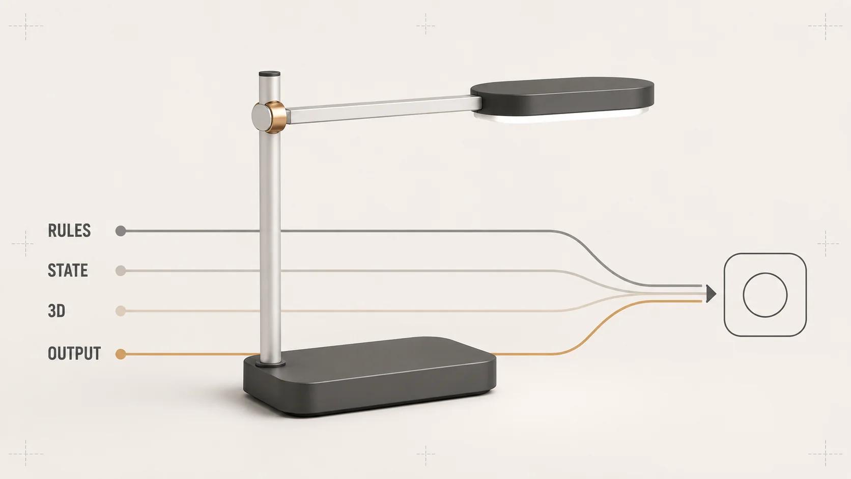 A modular task lamp sits where rules, configuration state, 3D mapping and output rails meet, showing that the viewer is one part of the build architecture.