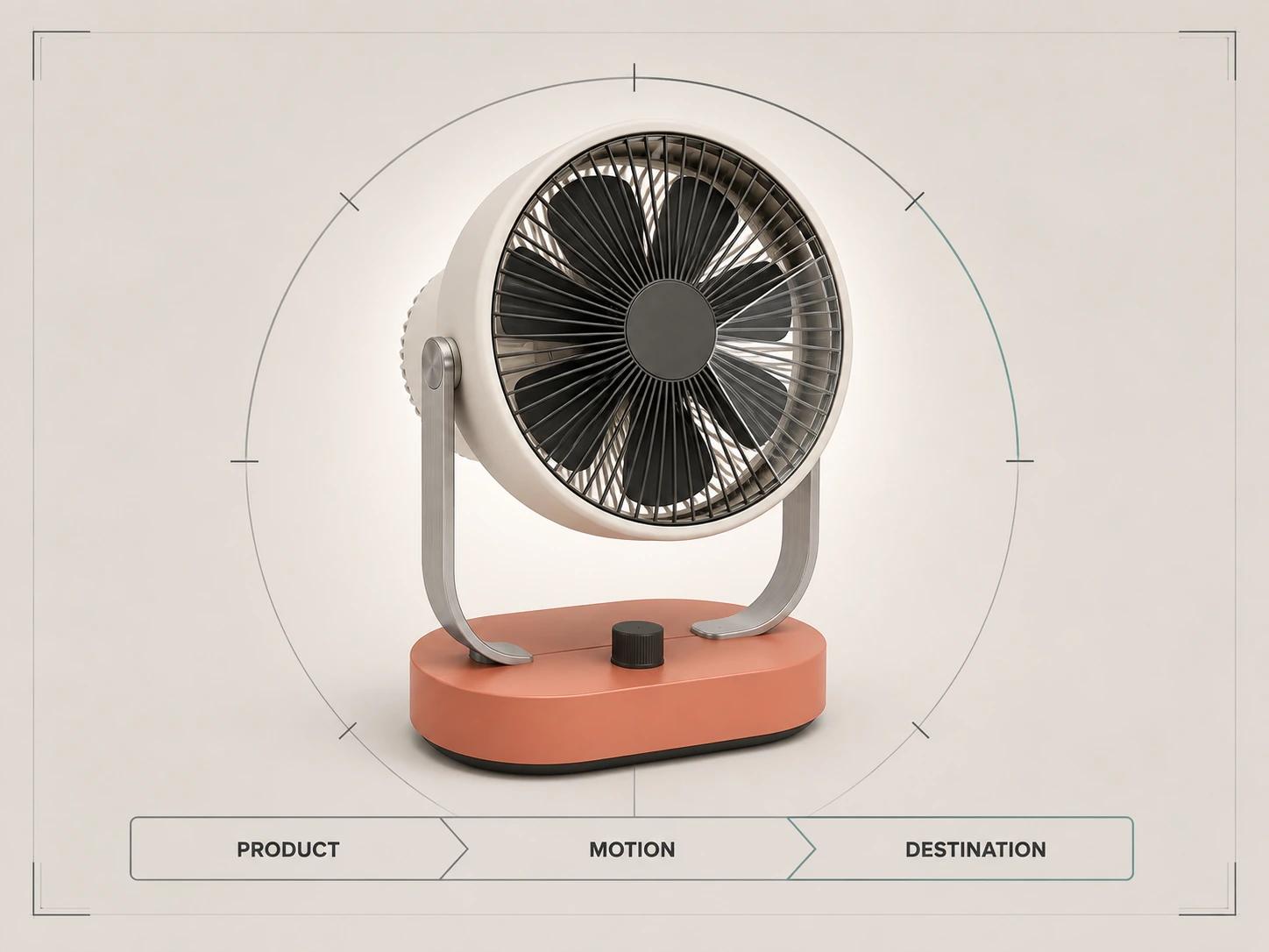 A desk fan sits inside a seven-tick review ring above PRODUCT, MOTION and DESTINATION gates, separating what the review must test.