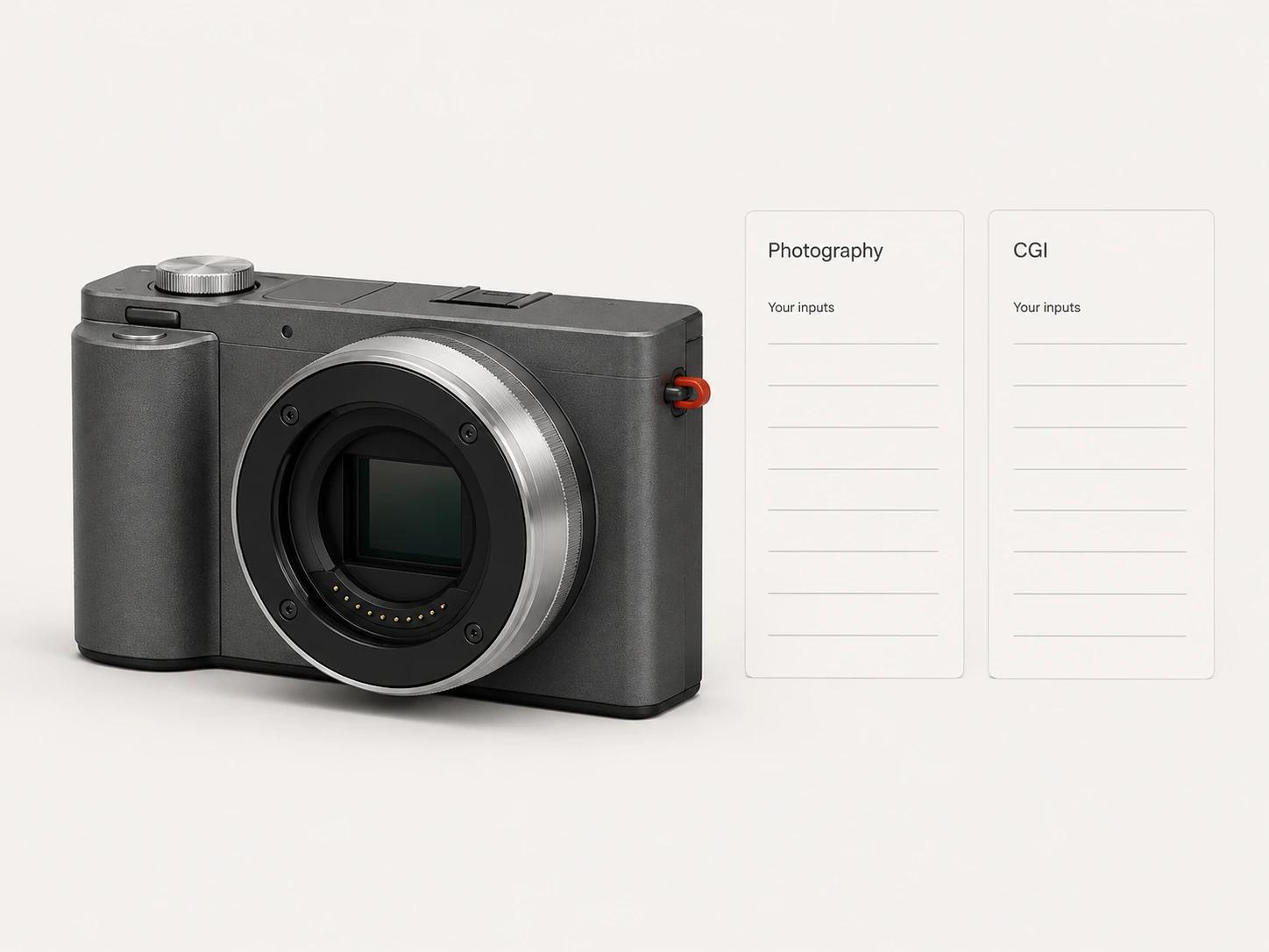 A compact mirrorless camera beside equal photography and CGI input sheets with blank fields, emphasizing a user-supplied comparison rather than a claimed result.