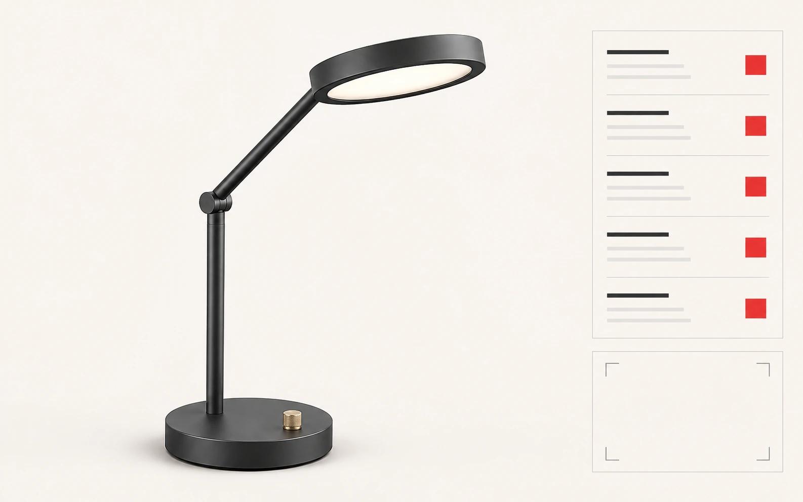 A dominant task lamp render is connected to one restrained shot-list board that records camera, crop, product state and acceptance checks.