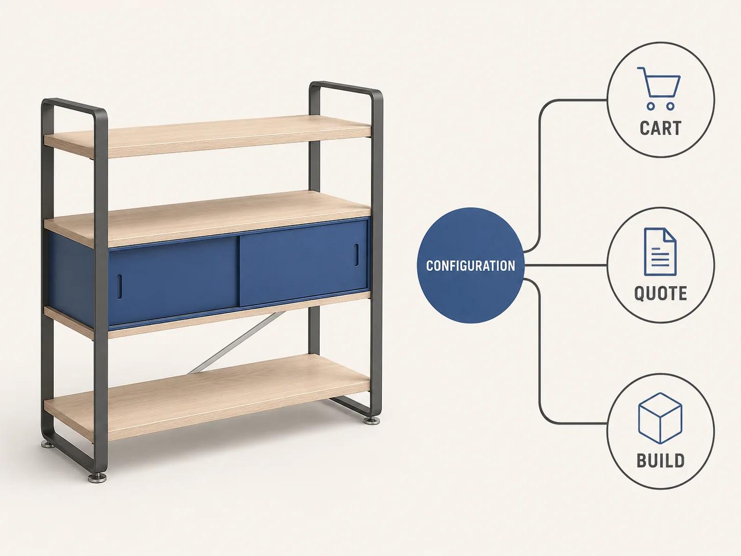 One modular shelving console links to a versioned configuration record that branches into separate cart, quote and build routes, each requiring its own destination payload.