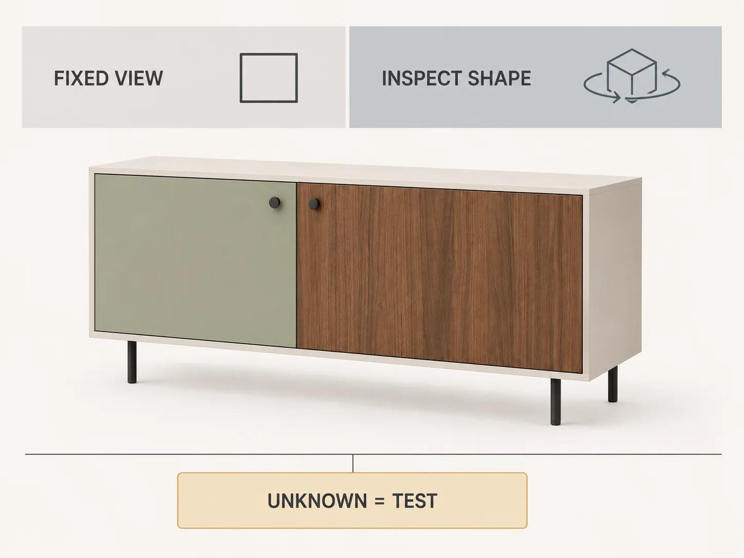 A modular sideboard sits between fixed-view and shape-inspection evidence bands, with an unknown-equals-test gate showing how to use the worksheet.