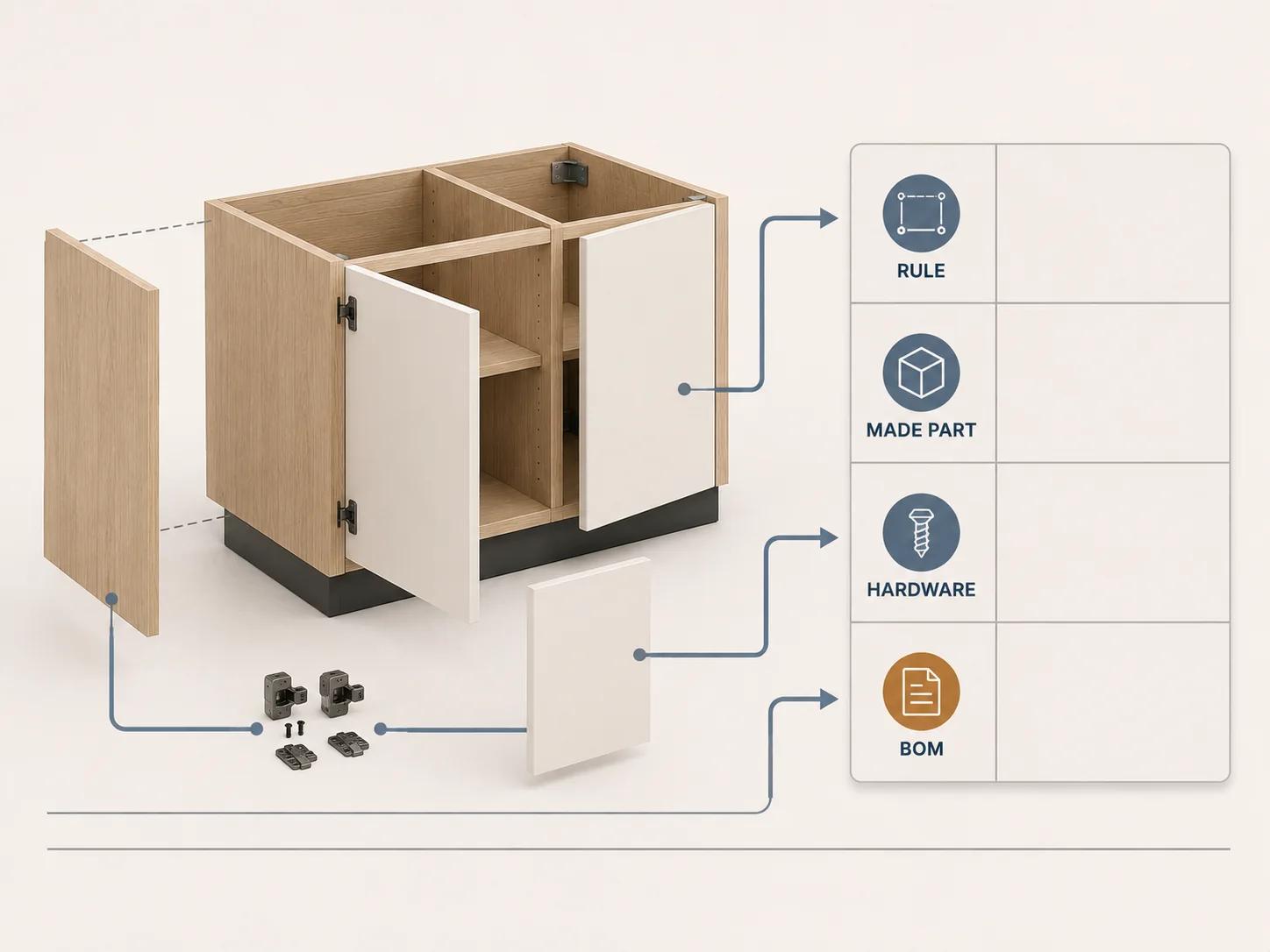 One cabinet links a rule to an offset panel part, a hardware kit and a five-row BOM worksheet, showing the traceable fields needed from configuration to production output.