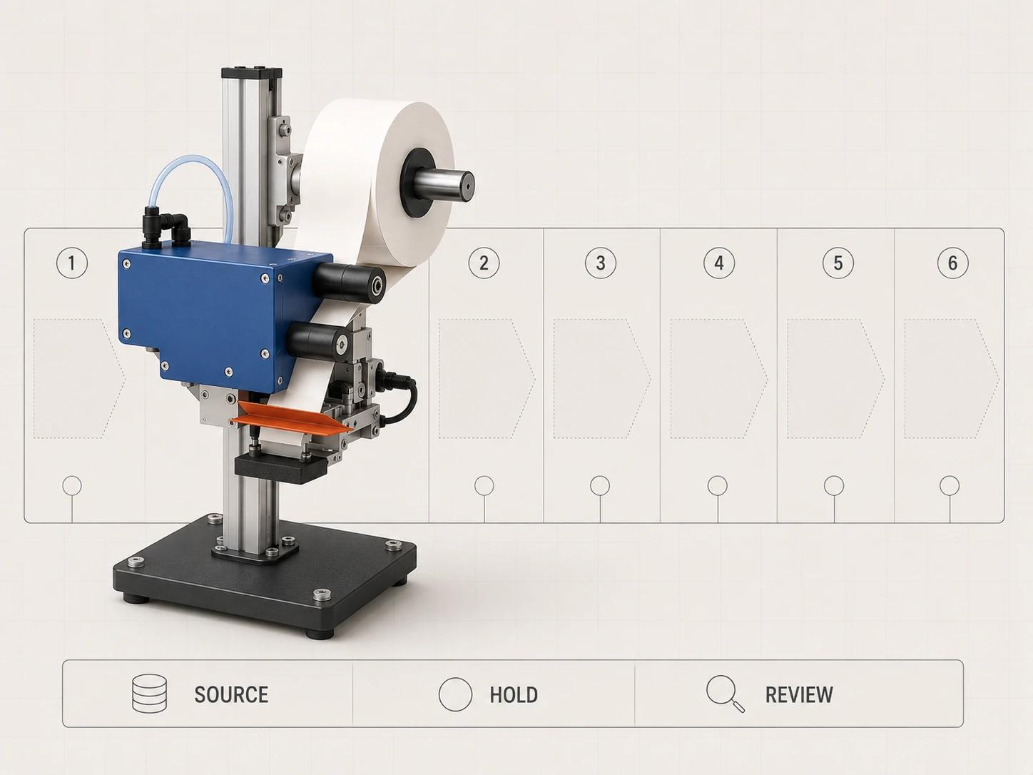 A label-applicator module is paired with a six-stage storyboard rail whose source, hold-point, and review fields make each scene traceable.