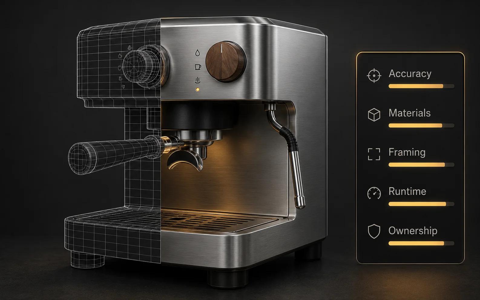 An espresso-machine digital asset inspected through product accuracy, material, framing, real-time behavior, and ownership gates before release.
