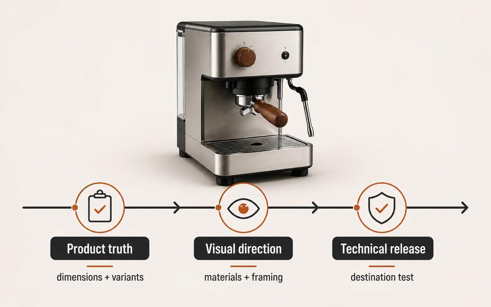 One espresso-machine asset passing three named approval gates for product truth, visual direction, and technical release.