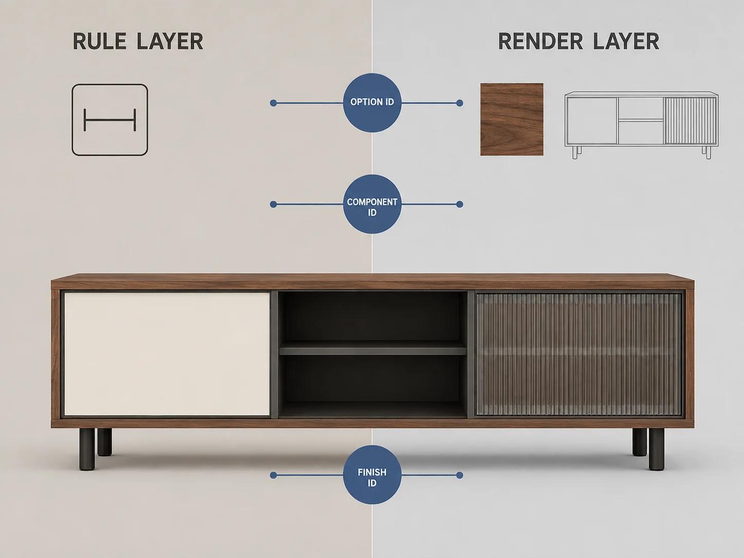 One media console crosses a rule-layer and render-layer boundary through stable option, component and finish IDs, separating product validity from scene operations.
