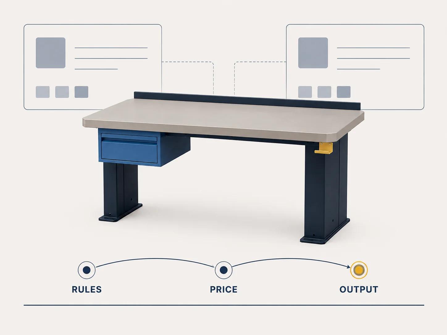 A modular workbench moves through rules, governed price and output gates in a compact end-to-end proof loop.