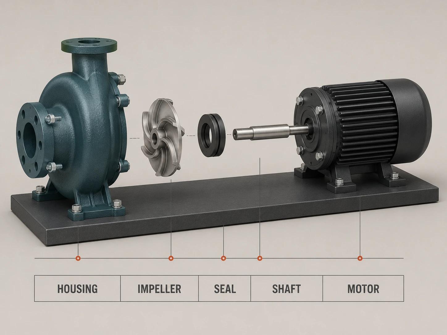 A compact pump is separated along one shaft axis into housing, impeller, seal, shaft, and motor groups with clear trails that preserve each relationship.