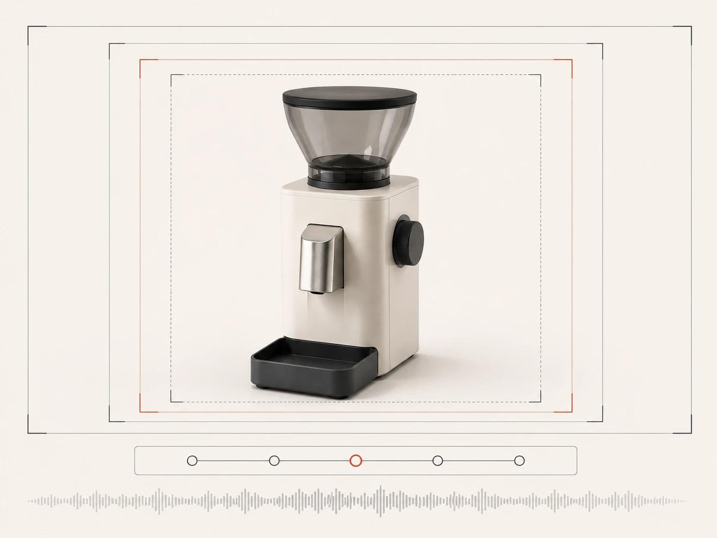 A coffee grinder sits inside nested output frames above a caption cue rail and audio waveform, illustrating derivative delivery checks.