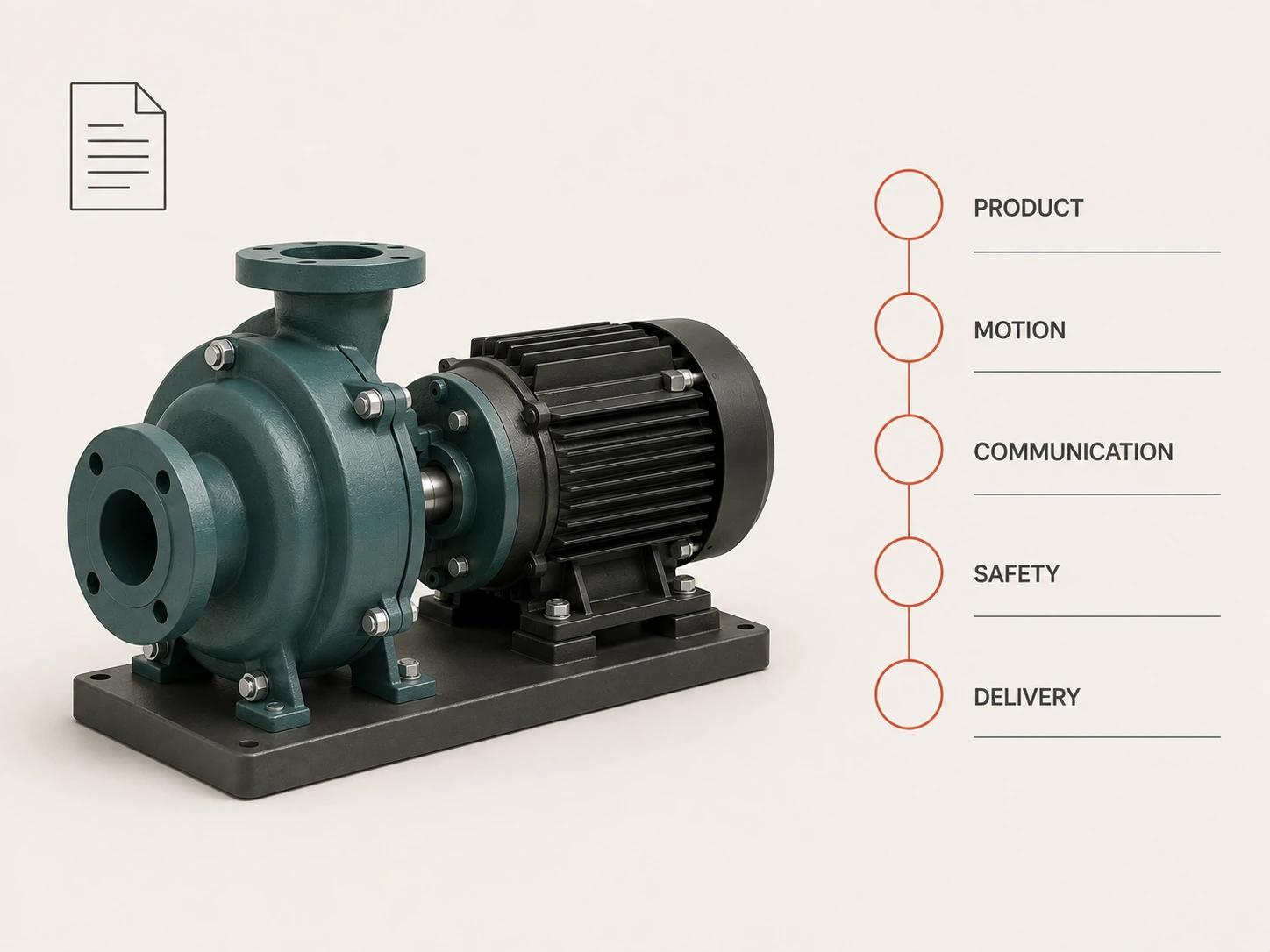 A complete compact pump sits beside five open review gates for product, motion, communication, safety, and delivery, with none shown as passed.