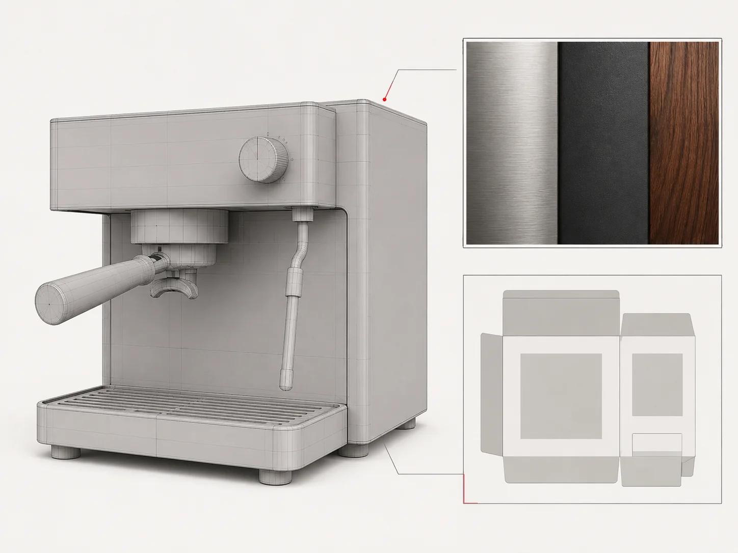 A dominant neutral product model is supported by a material swatch and artwork placement view, clarifying the three evidence types needed to resolve product truth.