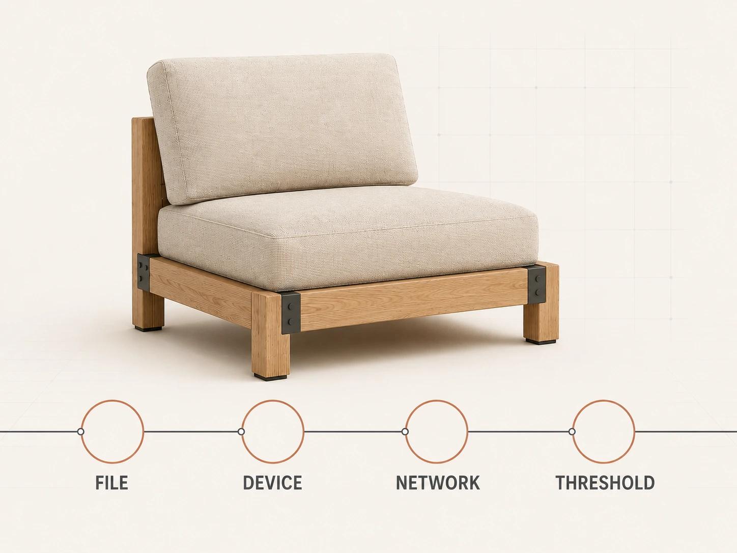 A lounge chair is checked against four gates: exact file, named browser and device, declared network conditions and a pre-agreed threshold.