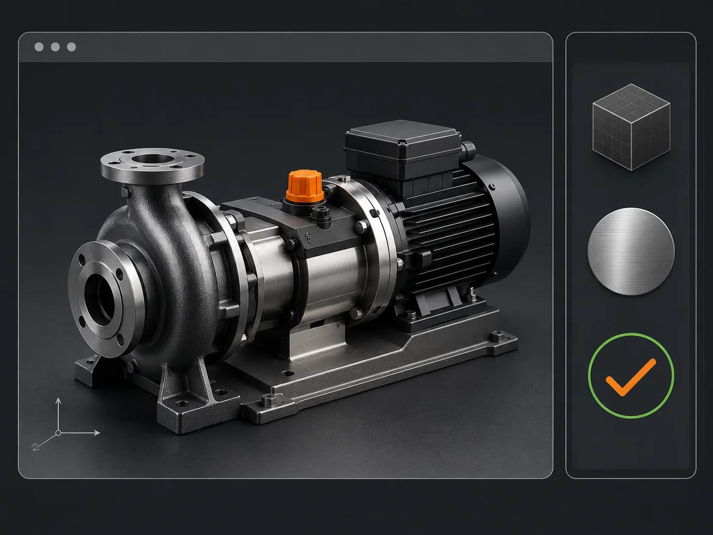 A single approved industrial product sits inside a channel acceptance frame with checks for scale, material, variant association and ready status.