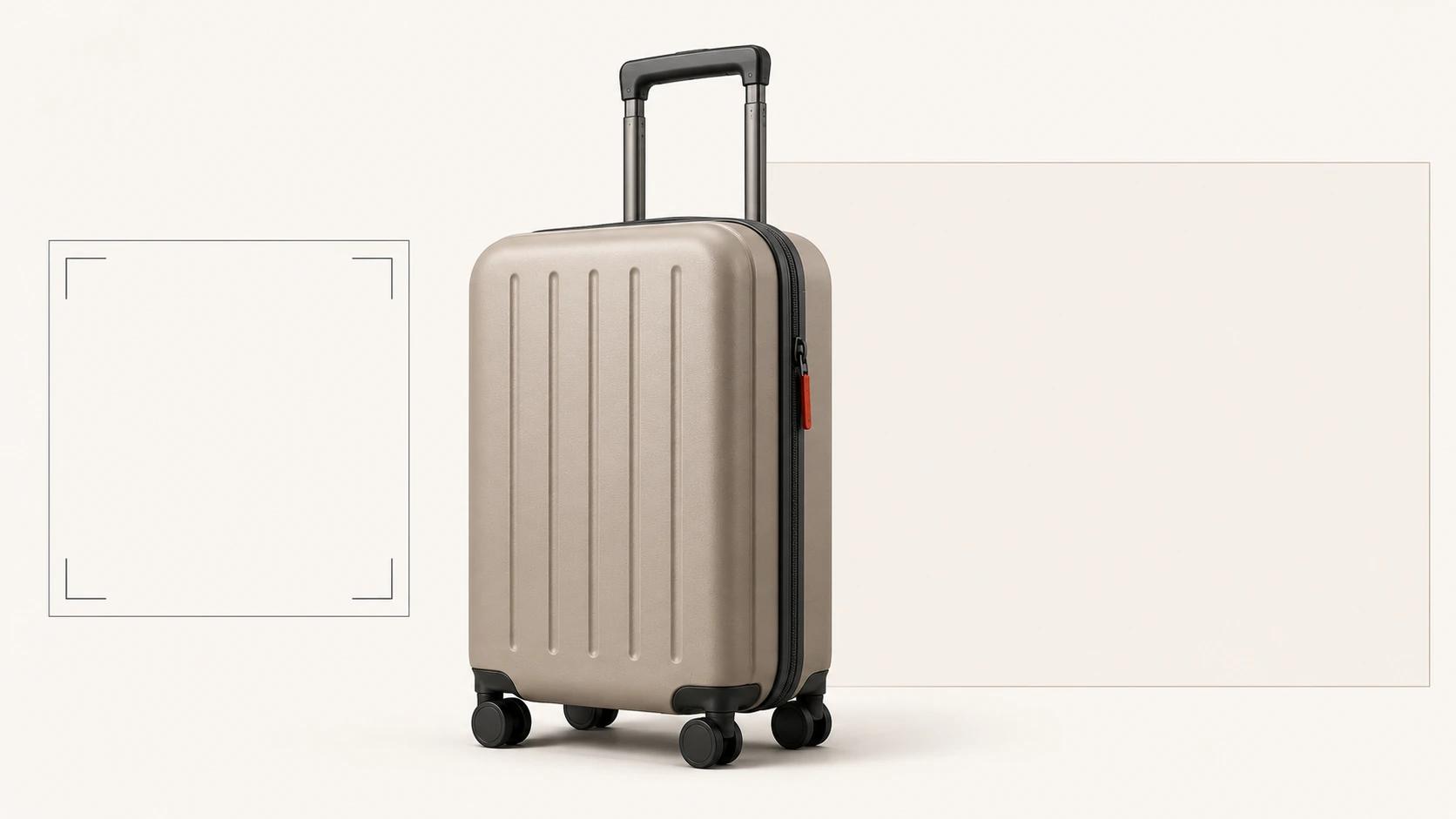 A carry-on suitcase stands between a square listing frame and a wide campaign frame, showing one governed product prepared for different channel compositions.