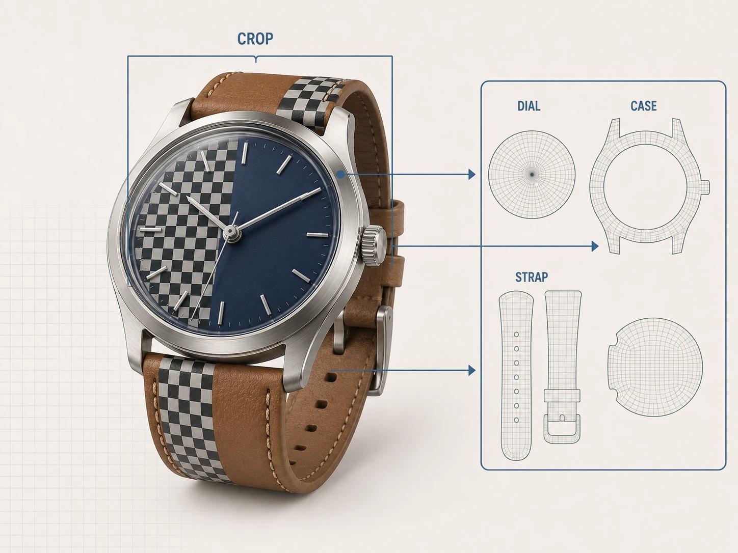 A wristwatch with a UV checker links its dial, steel case, and leather strap to a simple UV layout and one macro crop that gives priority to visible detail and texture direction.