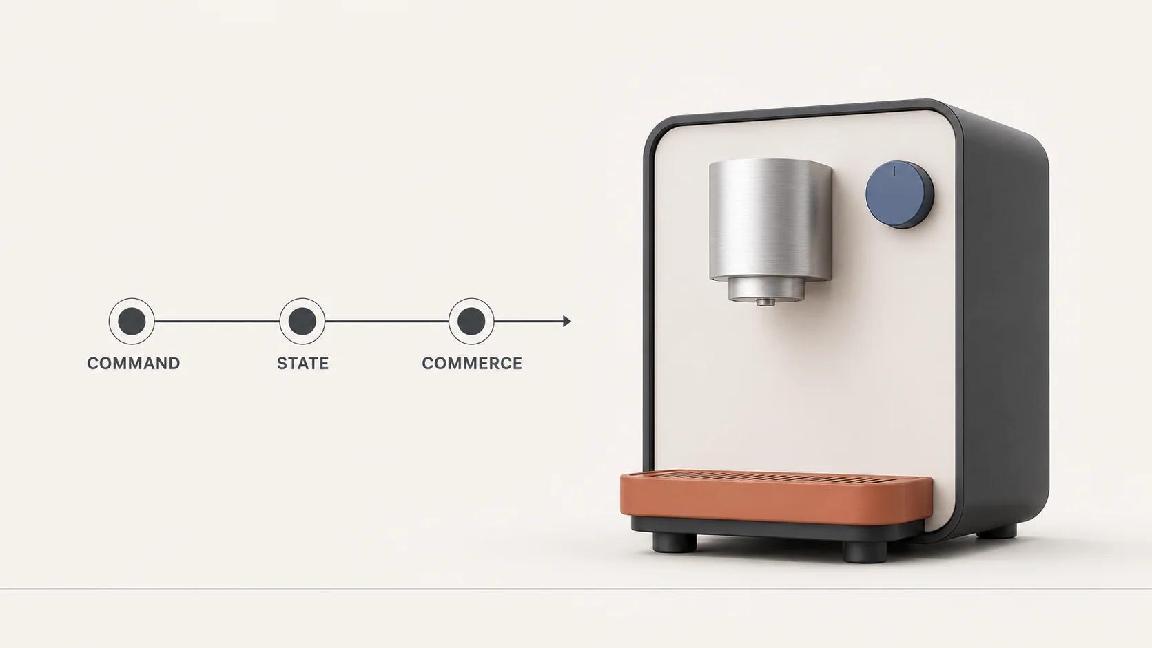 A configurable coffee brewer sits beside a three-stage rail that separates command requests, resolved state and commerce commitment.