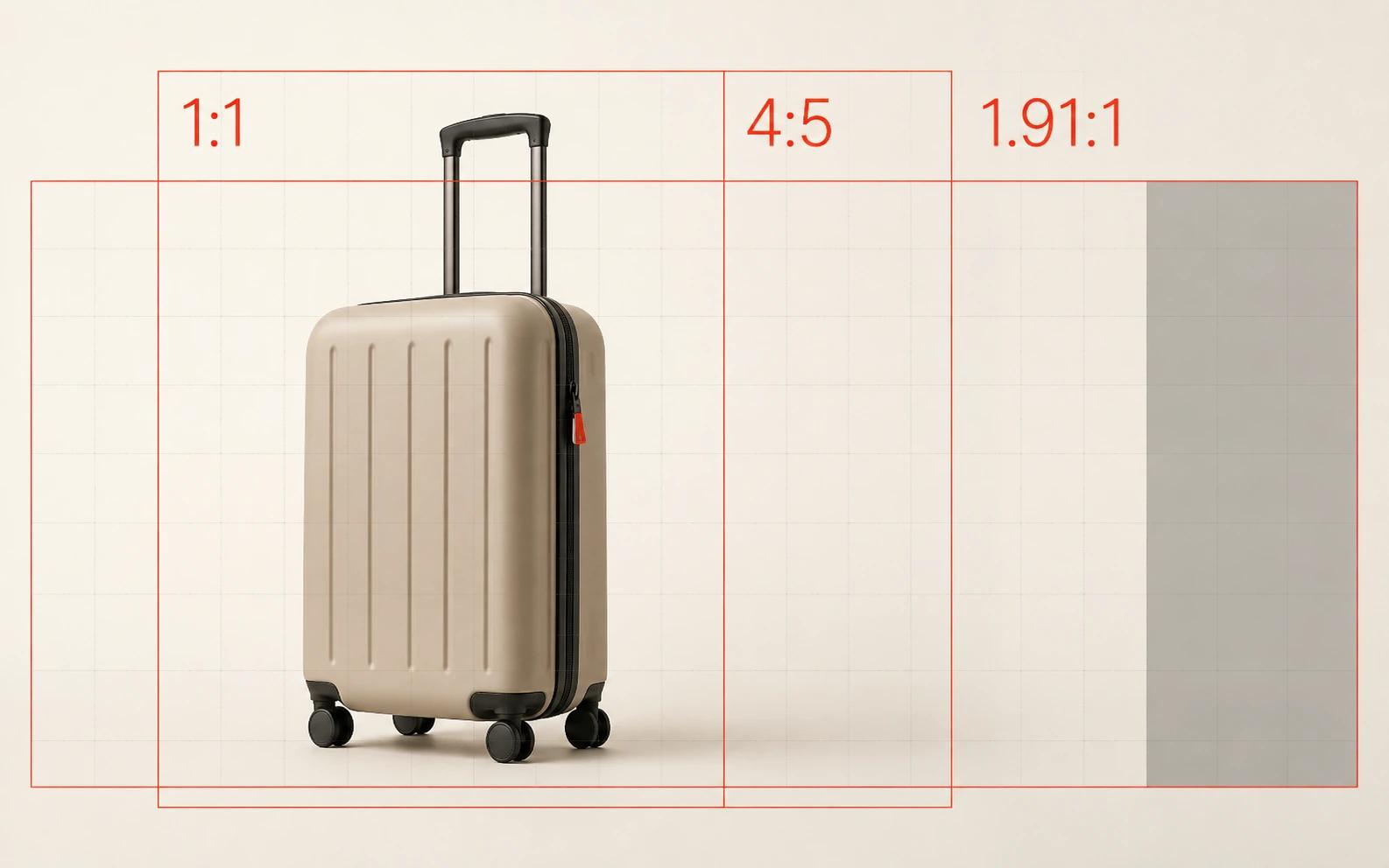 Square, portrait and shallow landscape crop frames cross one suitcase scene, revealing where the handle, wheels and copy space survive or fail in each ratio.