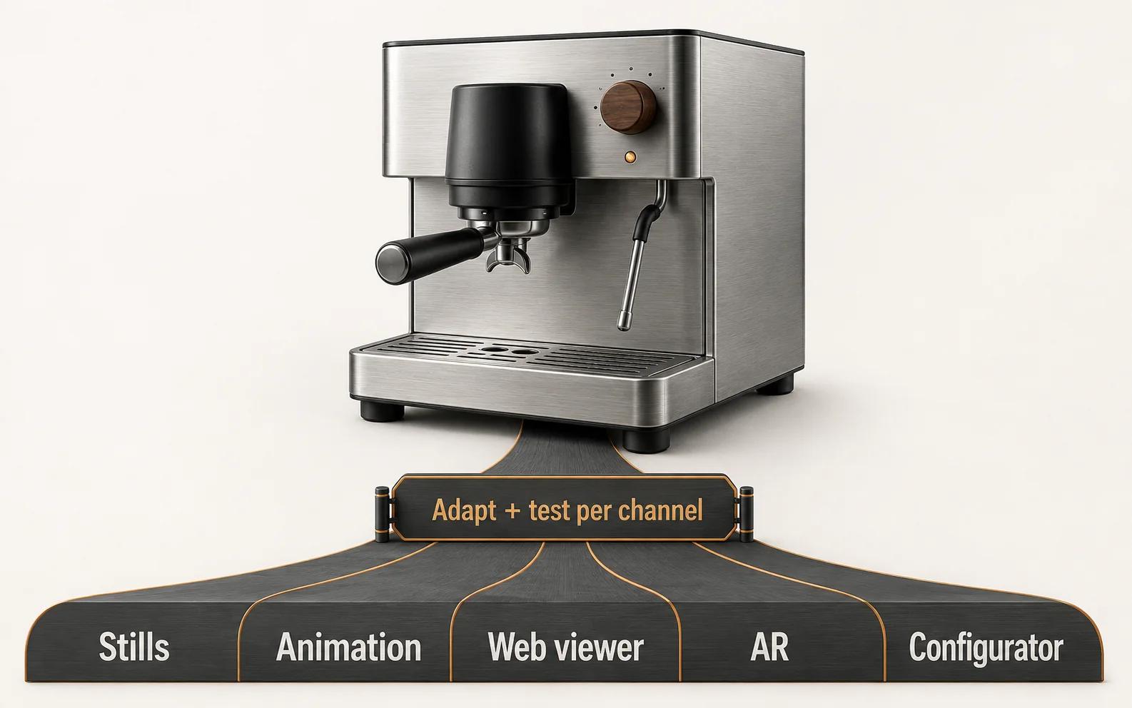 One controlled espresso-machine master asset feeding five separately prepared outputs: still imagery, animation, a web viewer, augmented reality, and a configurator.