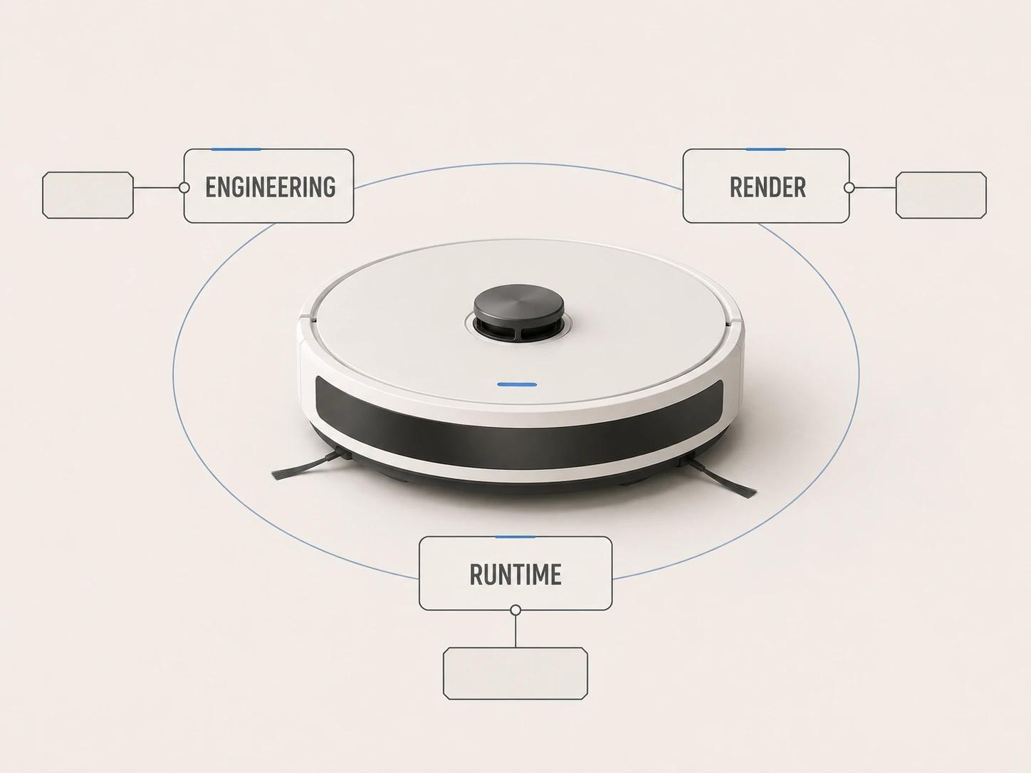 One robotic vacuum is connected to separate engineering, render, and runtime gates, each with its own evidence strip and no automatic pass state.