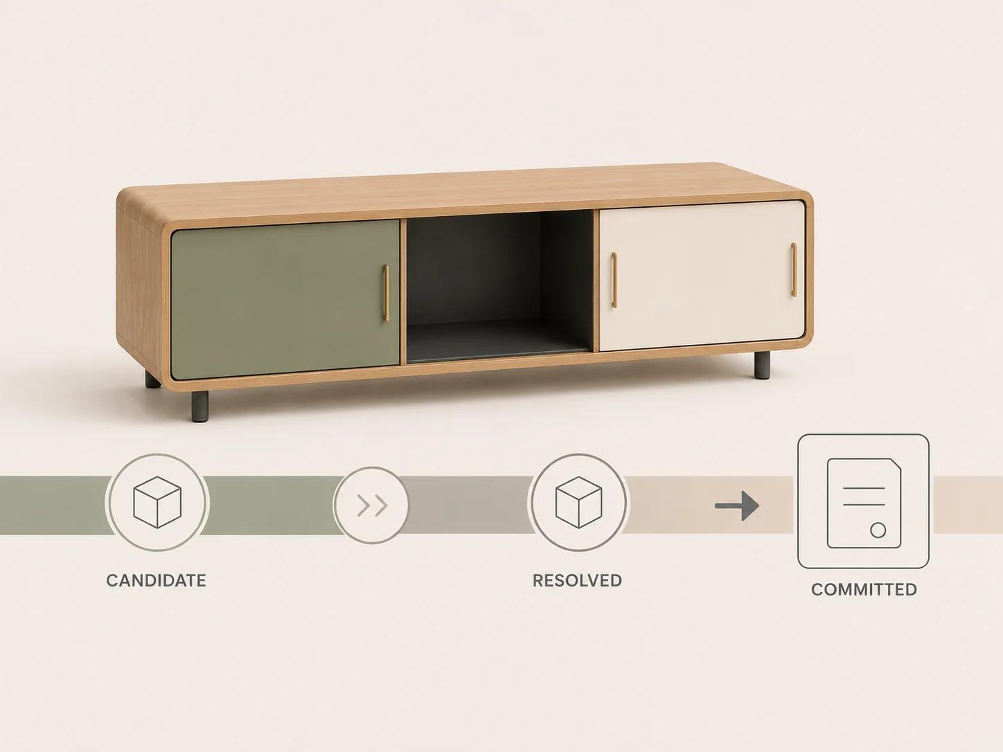 A modular storage console follows a three-stage rail from candidate selection to rule-resolved product and committed transaction state.