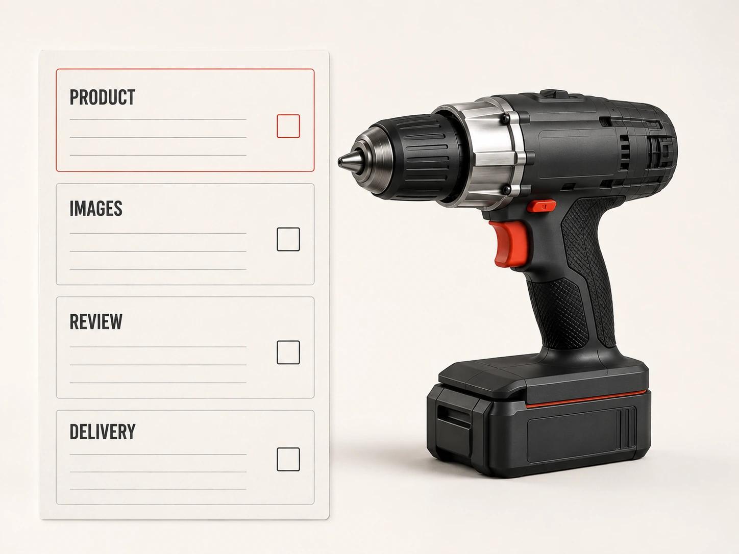 A cordless power drill sits beside a four-part worksheet for product facts, image requirements, review ownership and delivery terms, with no price fields or outcome claims.