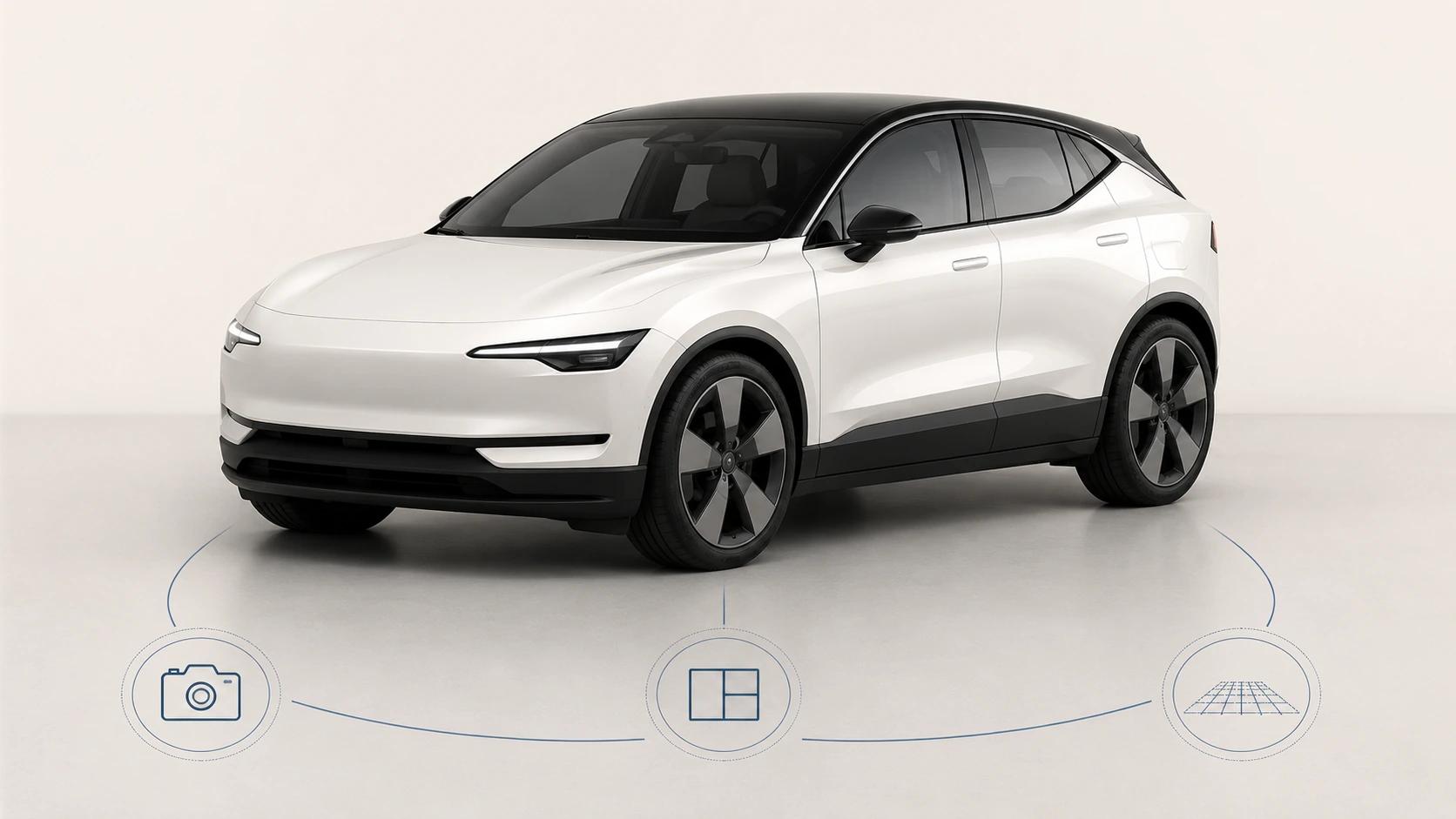 A pearl-white compact electric crossover remains central while three simple paths separate studio marketing, configuration, and grounded AR delivery.