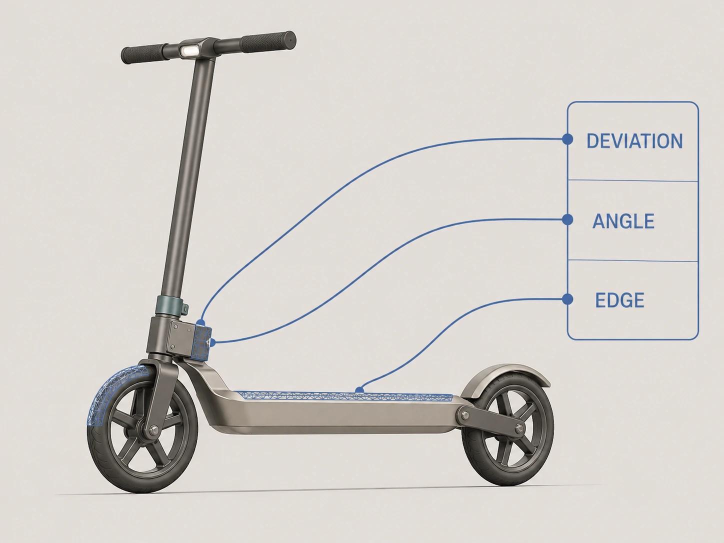 A folding scooter is inspected with localized mesh overlays at the wheel arc, deck edge and hinge, linking deviation, angle and edge controls to visible product features.