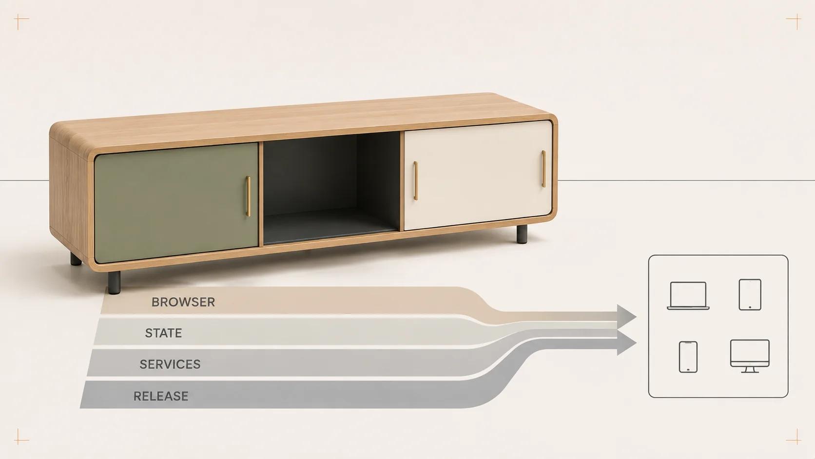 A modular storage console sits where browser, configuration state, backend services and release rails meet, showing the four responsibilities as connected but separate.