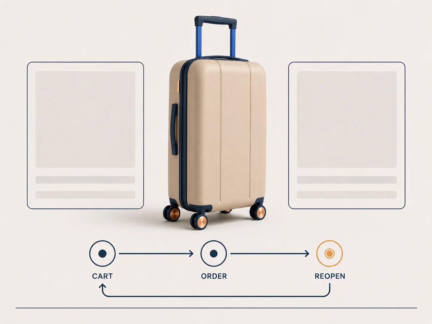 A configurable carry-on case moves from cart to order and back through a reopen gate to prove the purchased revision can be recovered.