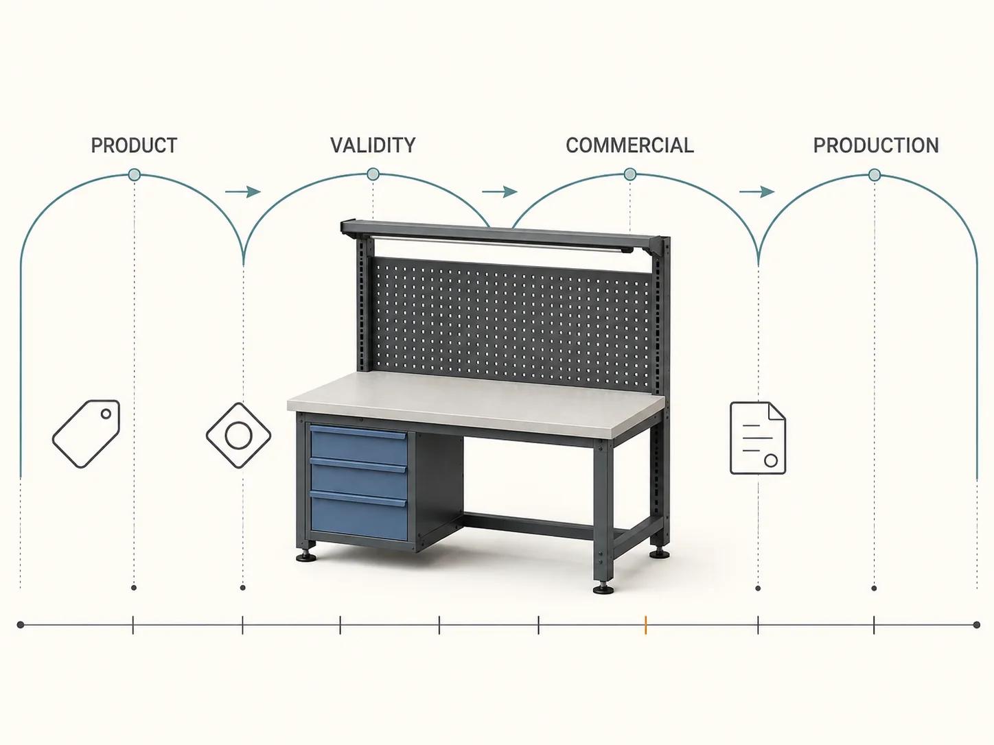 One industrial workbench crosses product, validity, commercial and production domains above ten gates, showing that each matrix stage needs its own owner and evidence.