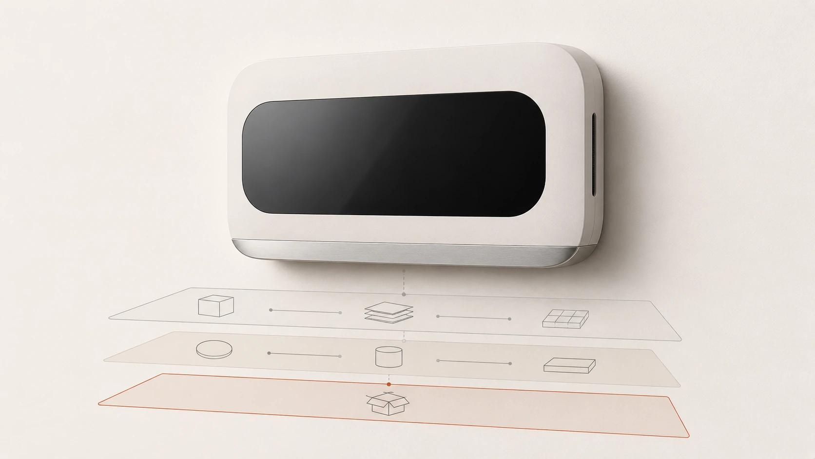 A single wall-mounted thermostat sits above three clean layers for source evidence, attribute verification and final asset delivery, showing the decisions that define model scope.