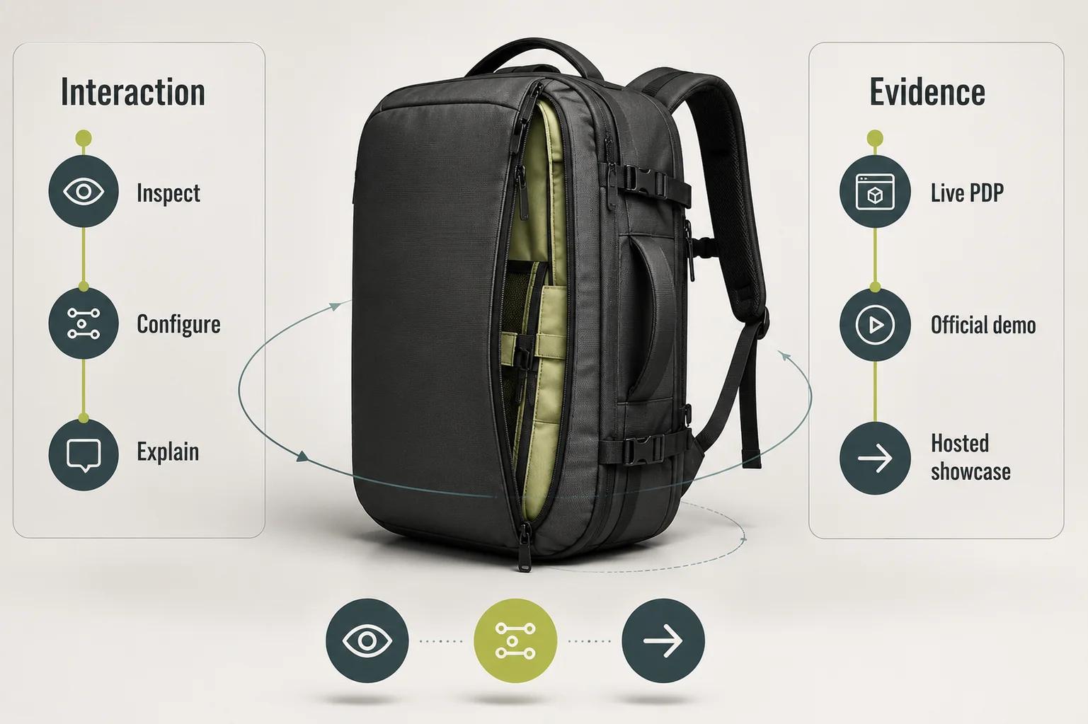 One travel backpack is evaluated against interaction depth and commerce handoff in two large score panels.
