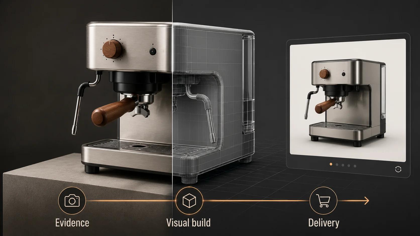 A physical espresso machine and its controlled digital counterpart at the center of a visualizer's product-to-delivery workflow.