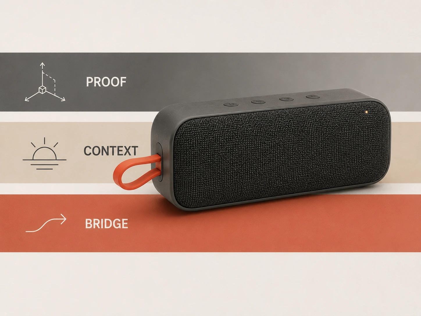 One speaker spans three horizontal lanes labeled PROOF, CONTEXT and BRIDGE, separating technical evidence, lifestyle setting and the hybrid handoff.