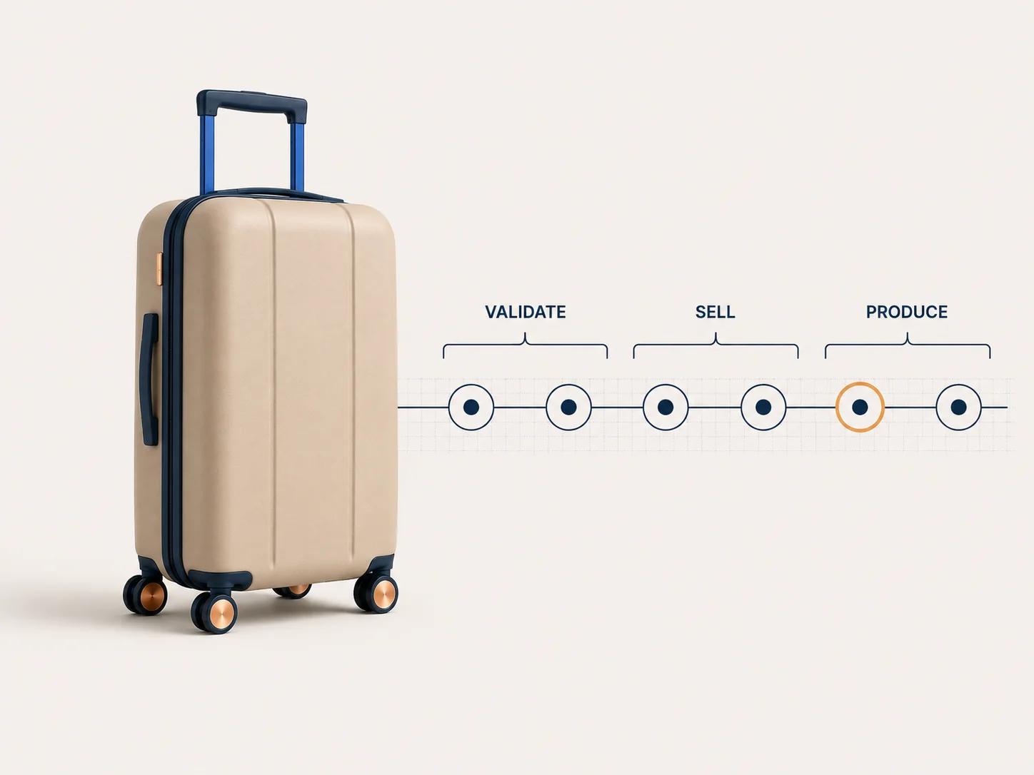 One configurable carry-on case crosses validation, selling and production phases on a six-segment state-to-order rail.