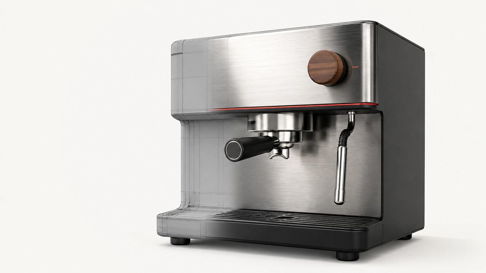 An espresso machine transitions from neutral geometry to brushed steel, graphite, rubber and walnut under controlled studio reflections, showing realism as a coordinated system.