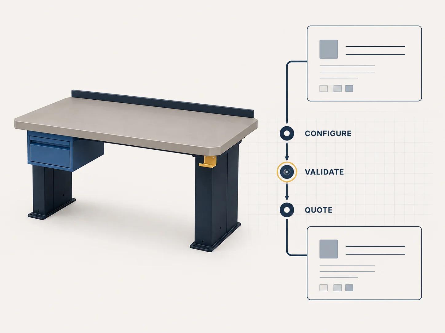 One configured workbench sends a resolved product state through validation before a governed quote record is created.