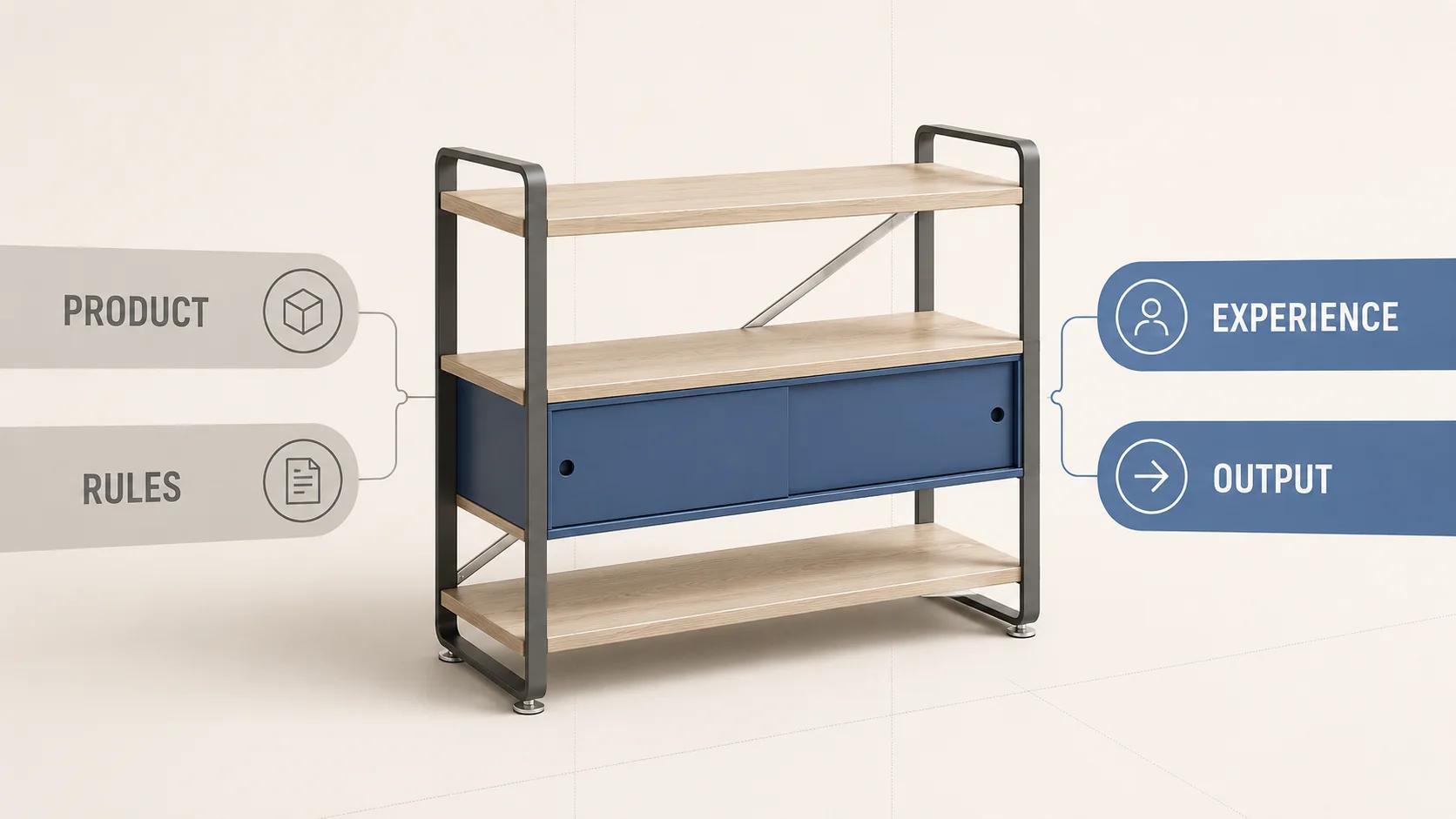 A modular shelving console sits between product and rules inputs and experience and output paths, showing that 3D is one part of a governed configurator.