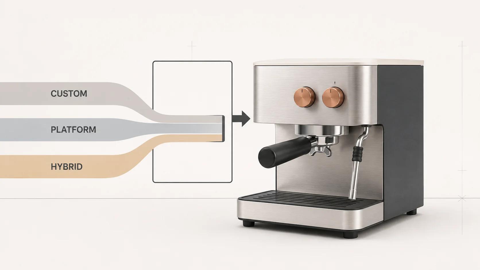 A single espresso machine sits where custom, platform and hybrid ownership paths converge, framing the choice around one product rather than competing feature lists.