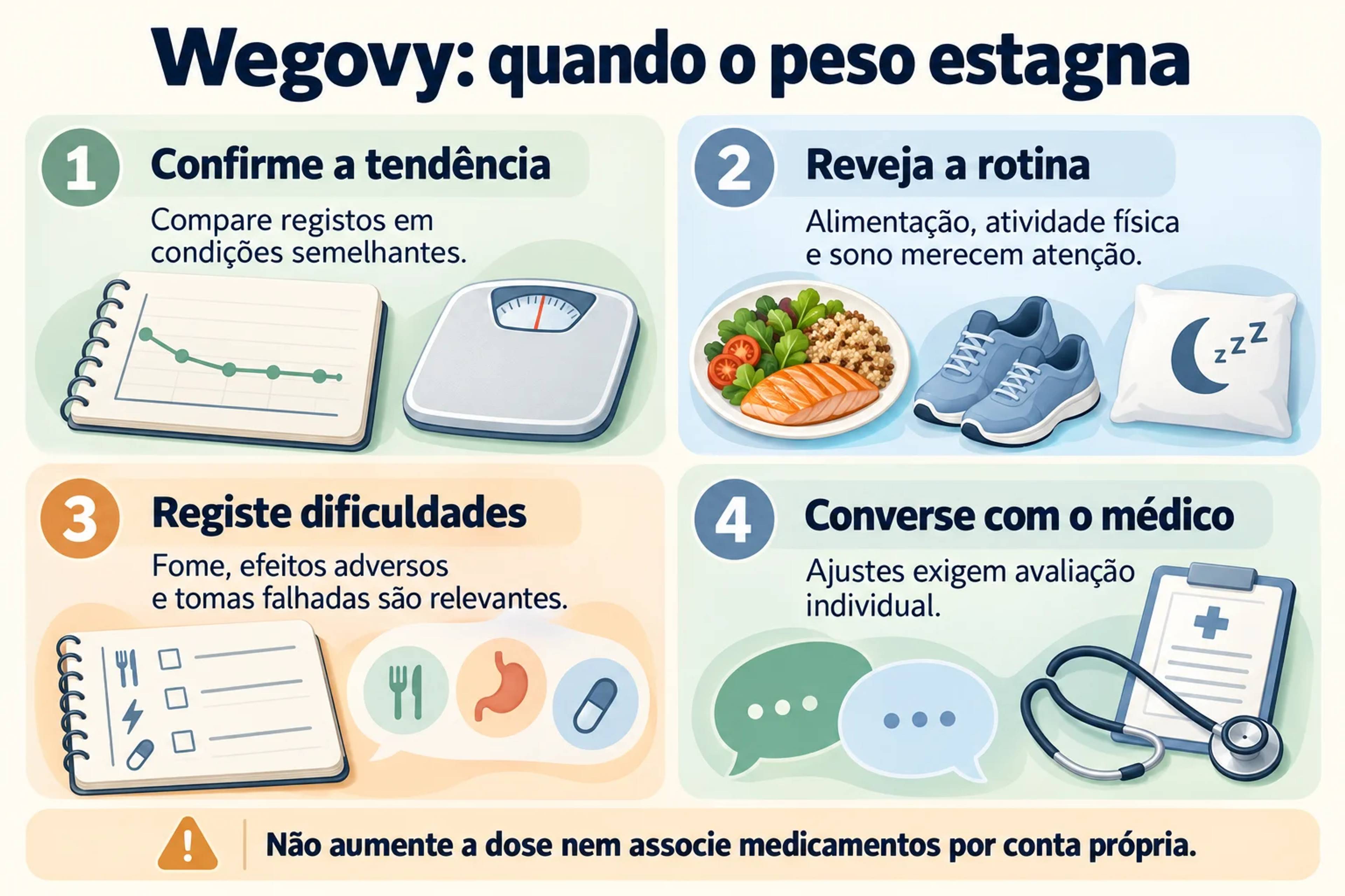Wegovy: quando o peso estagna. Confirme a tendência, Reveja a rotina, Registe dificuldades, Converse com o médico.