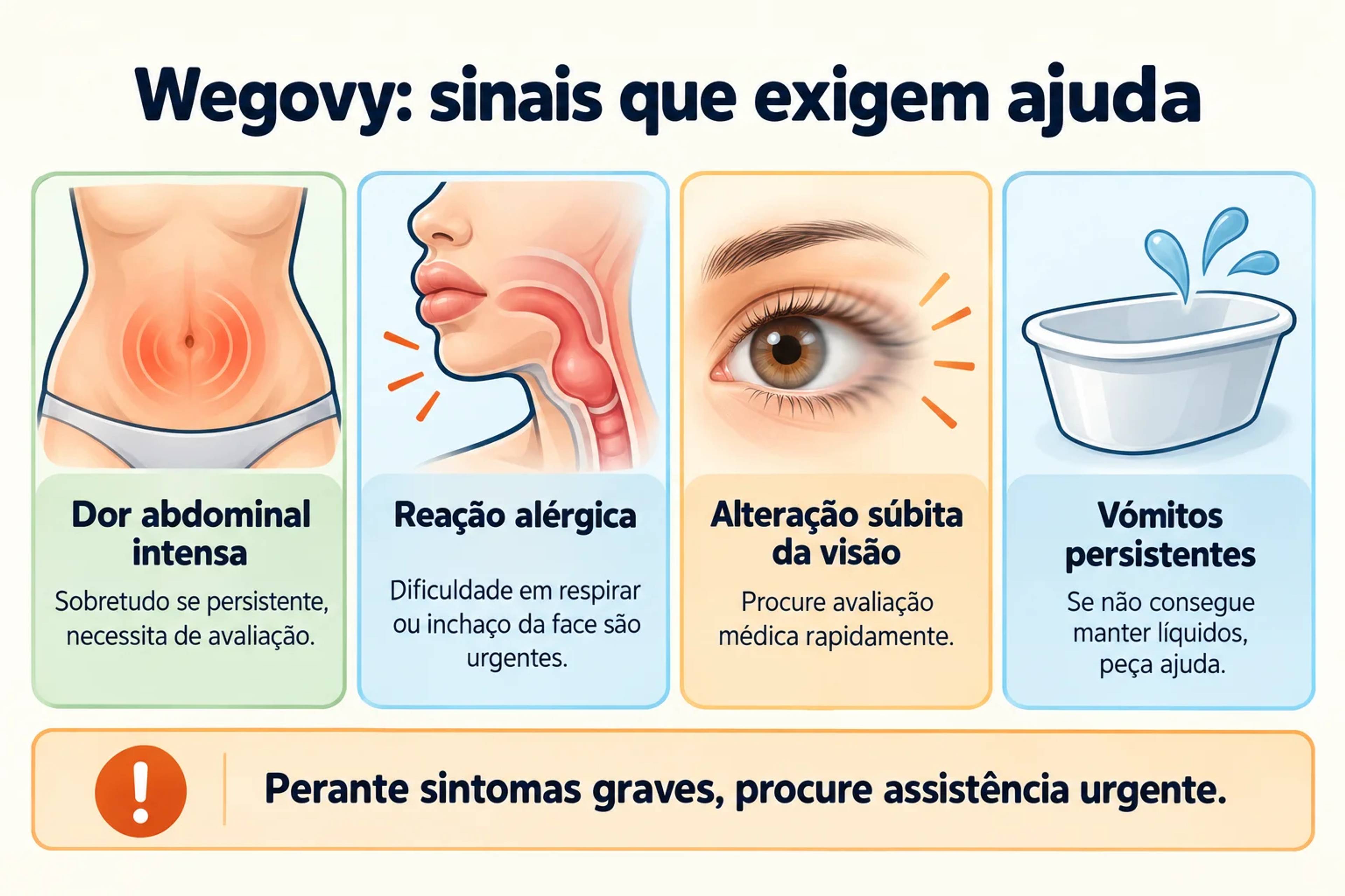 Wegovy: sinais de alarme, incluindo dor abdominal persistente, reação alérgica, alterações súbitas da visão e vómitos persistentes.