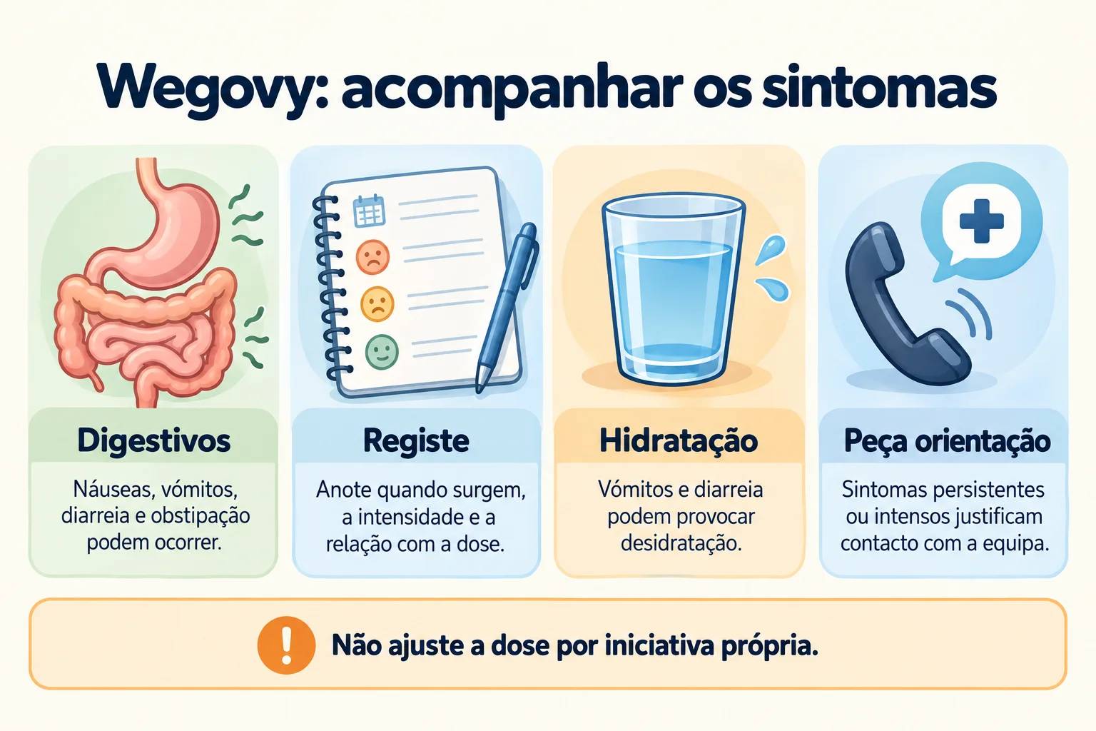 Wegovy: acompanhar sintomas digestivos, hidratação e necessidade de contacto com a equipa clínica.