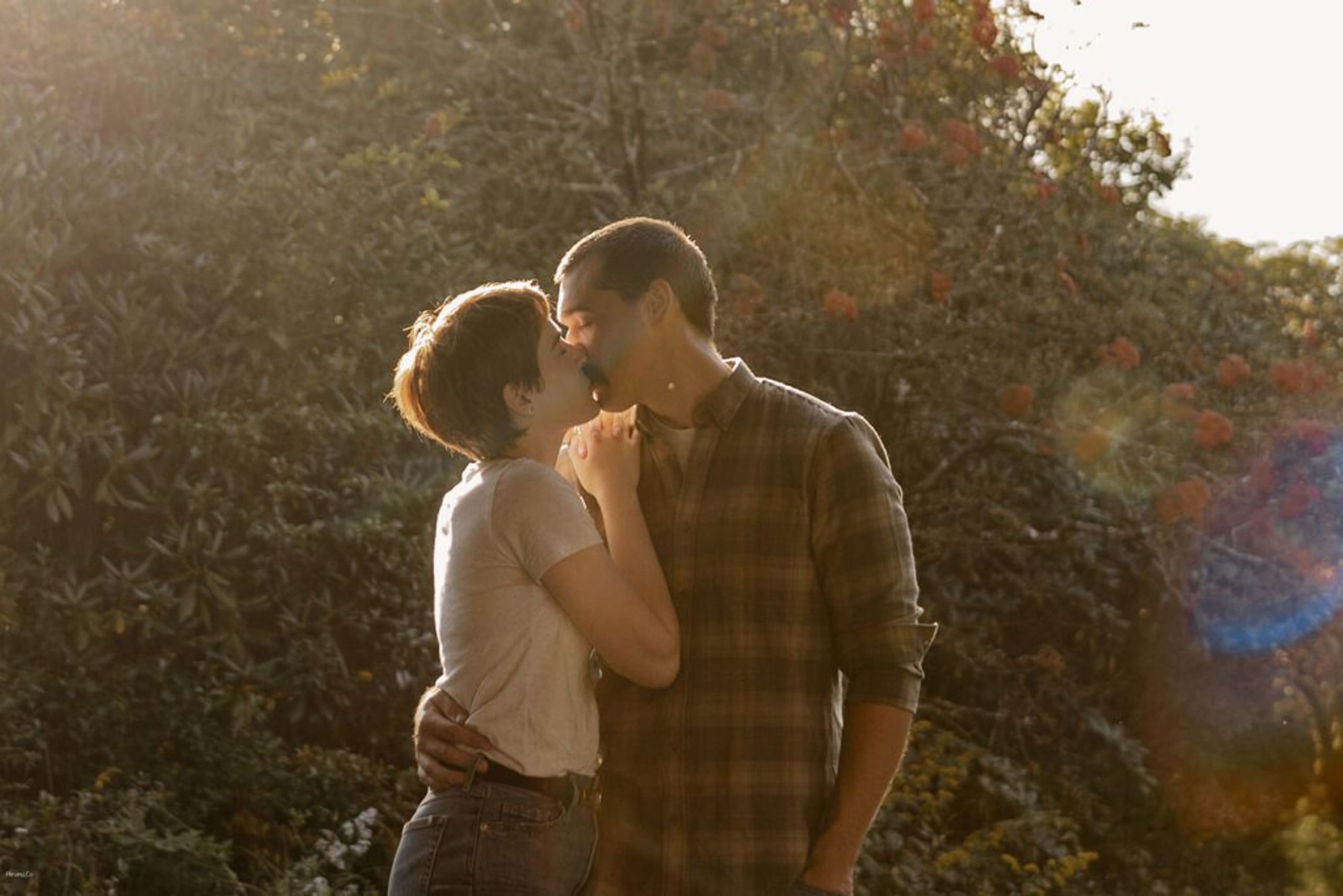 Couple kissing under the warm sunlight with rhododendrons in the background at Craggy Gardens.
