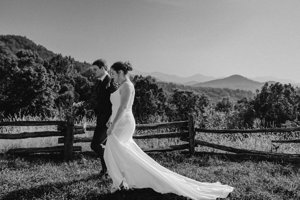 Black and white images of a couple during their outdoor wedding ceremony in a scenic location, highlighting the intimate and relaxed atmosphere of an Airbnb elopement.