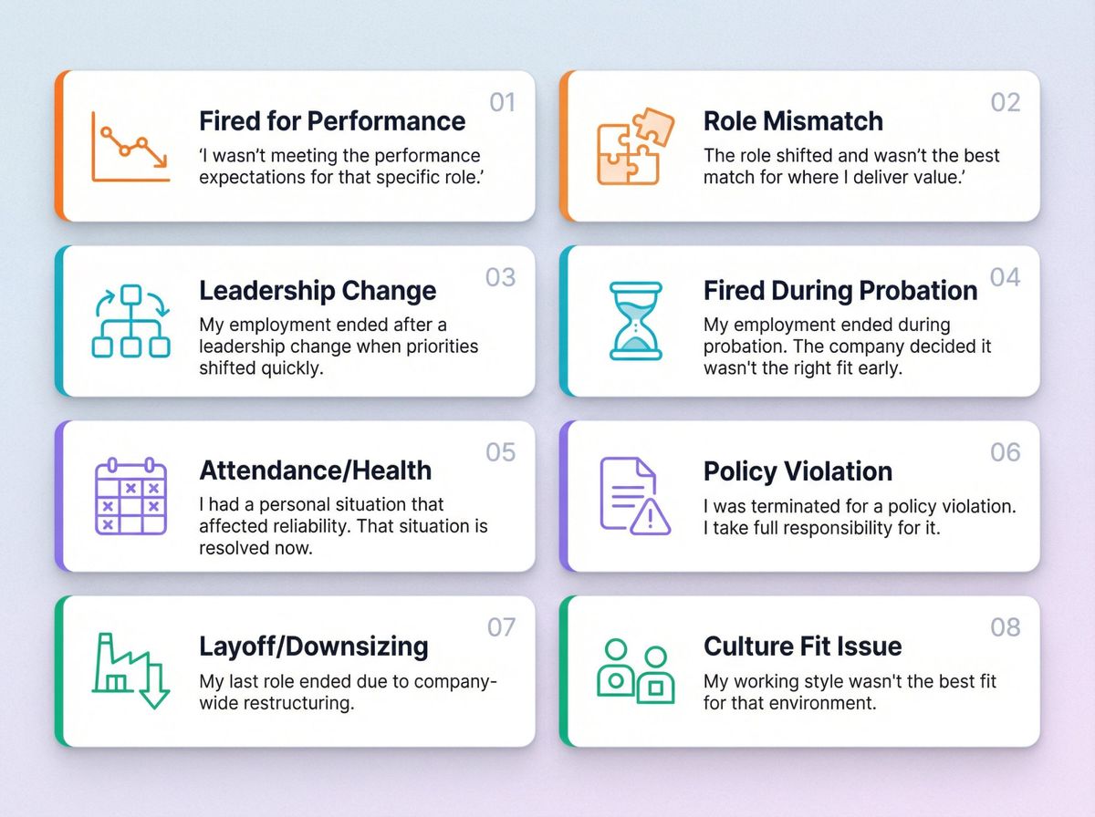Visual guide showing 8 interview scripts for explaining being fired in different scenarios