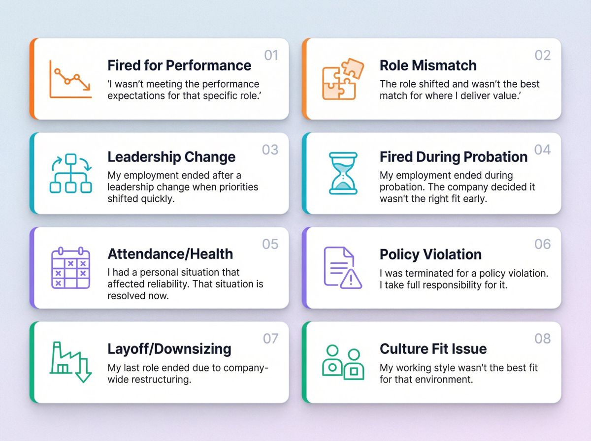 Visual guide showing 8 interview scripts for explaining being fired in different scenarios