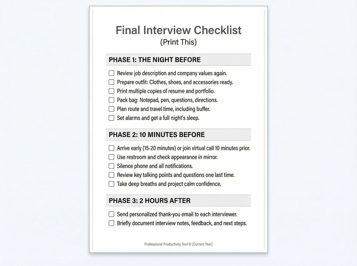 Printable final interview checklist with three time-based phases for complete preparation