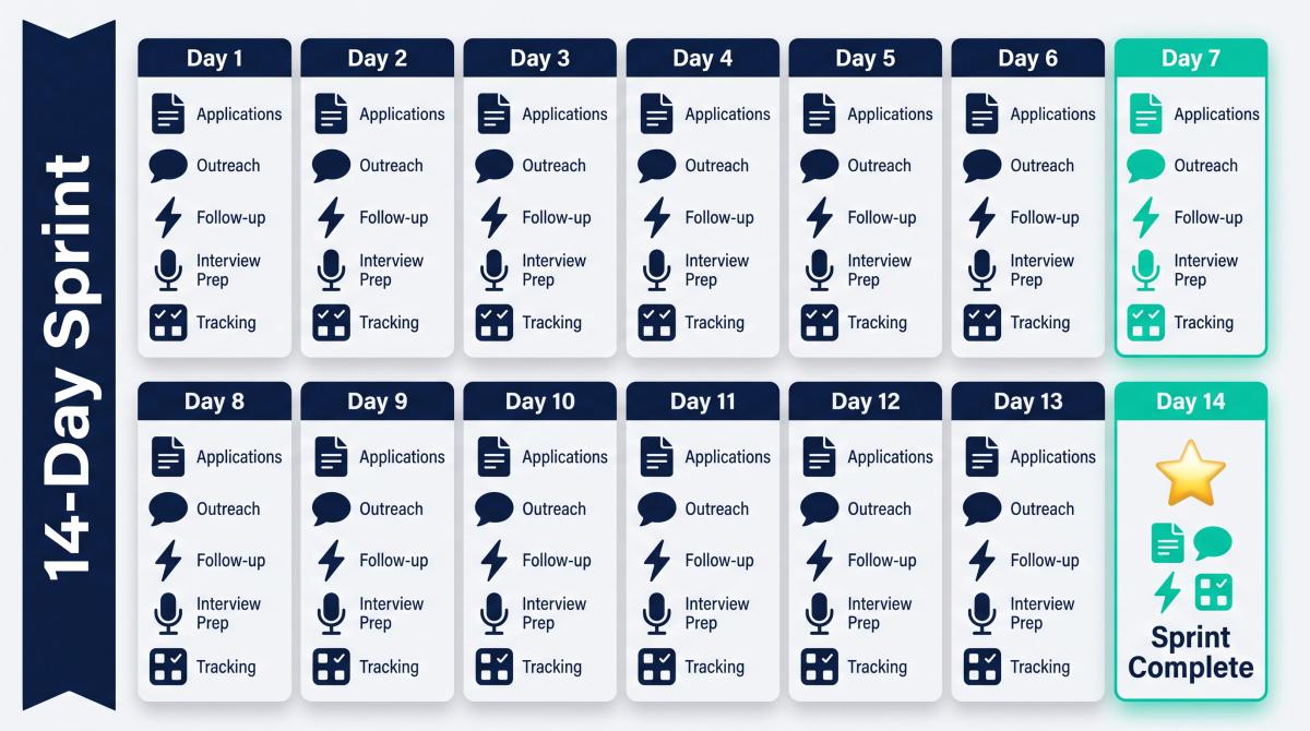 Editorial illustration of a structured 14-day job search sprint calendar with daily tasks and milestones for fast job seekers