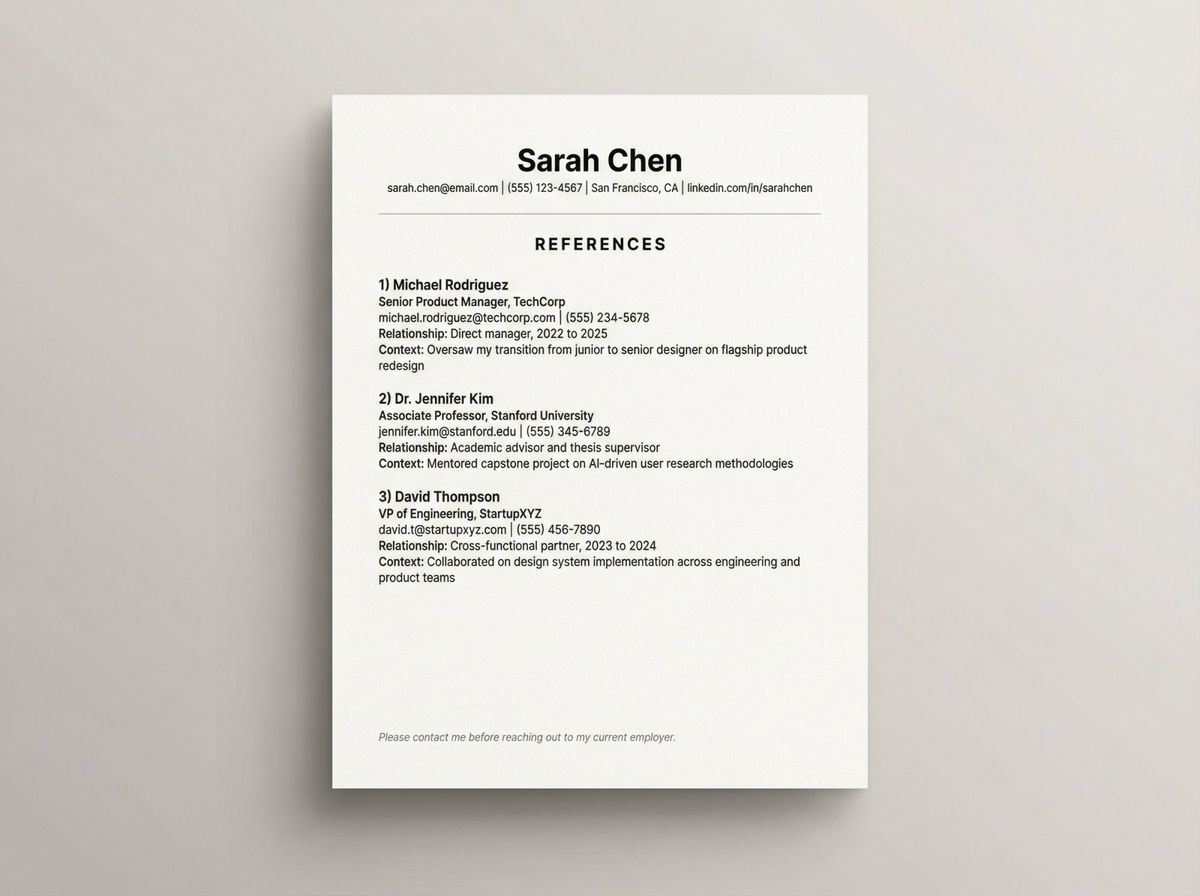 Professional reference sheet template showing proper formatting with header, three references, and contact details
